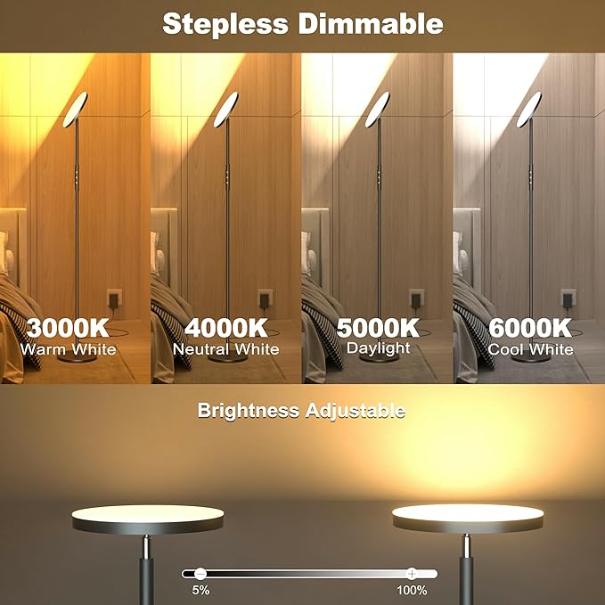 Super Bright Floor Lamp for Living Room, Stepless Dimmable LED Standing Lamp with Remote and Touch Control, 69” Tall Torchiere Corner Lamp for Bedroom Office Hotel, Black