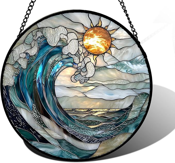 Stained Glass Window Hanging, Blue and White Waves Suncatcher Diamond Glass Panel Landscape Sun Catchers Decor for Birthday for Women, Men, Wife, Aunt, and Mom 6.3 x6.3 in