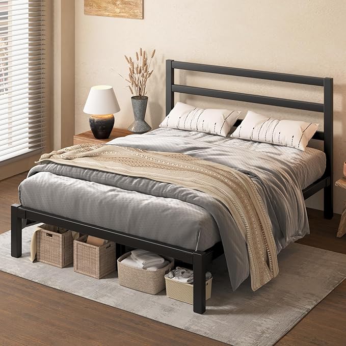 Queen Size Bed Frame, Metal Platform Bed Frame with Headboard and Footboard, Underbed Storage Space, No Box Spring Needed, Easy Assembly,Black