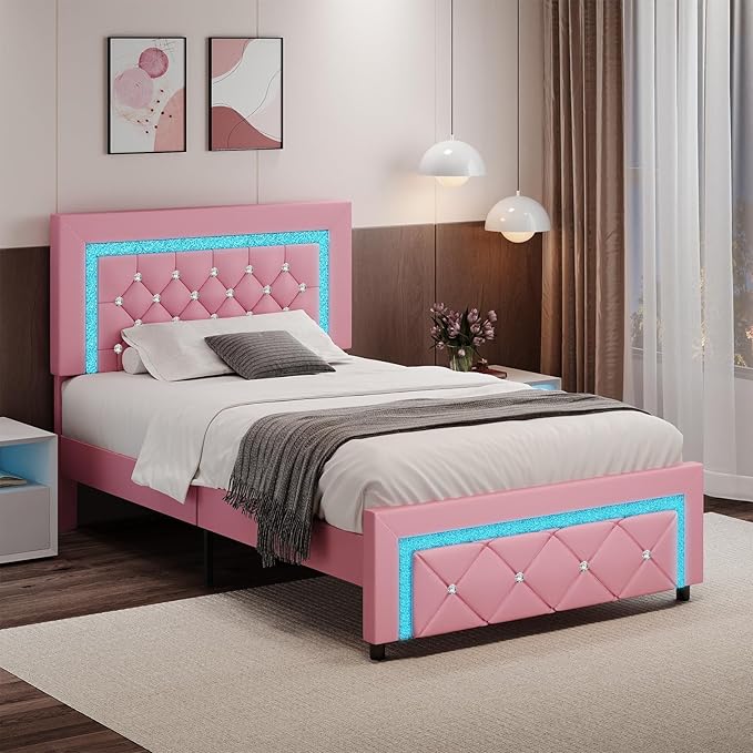 BarnFurin Twin Bed Frame with LED Lights, Upholstered Platform Bed with Diamond Tufted Headboard, No Box Spring Needed, Noise Free, Easy Assembly, Pink