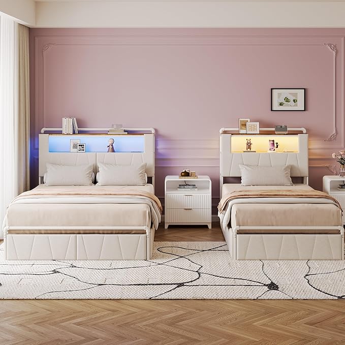 Queen Bed Frame with Storage Drawers, Upholstered Headboard with Charging Station & LED Lights, Metal Platform Bed Frame Queen Size, Noise Free, No Box Spring Needed, Easy Assembly, Beige