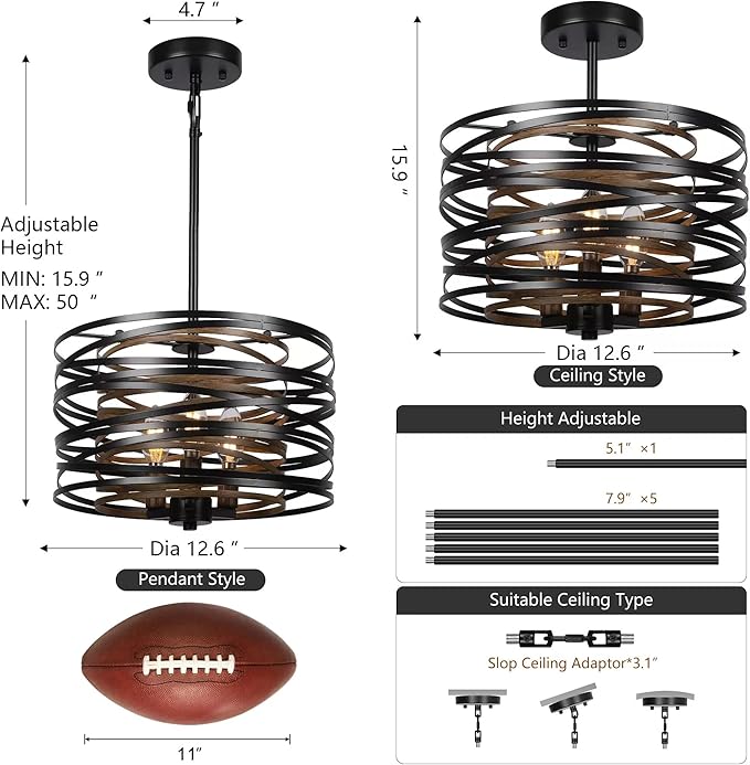 3-Light Dining Room Chandelier，12.6" Rustic Black Drum Chandeliers，Wood Grain and Vintage Light Fixture for Kitchen Entryway Living Room
