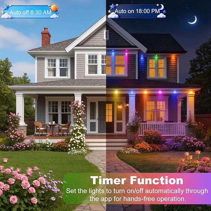 Smart Permanent Outdoor Lights for House, 50ft with 18 RGB+IC LED Lights, Music Sync, IP67 Waterproof Eaves Lighting, App/Remote Control, Outside LED Lights for Party, Christmas, Daily Decorations