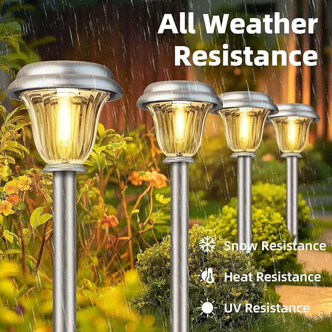 DERAYSION Solar Lights Outdoor Waterproof, Brushed Stainless Steel Glass Solar Pathway Lights, Auto On/Off Long-Lasting Outdoor Solar Lights for Garden, Landscape, Path, Yard 6 Pack