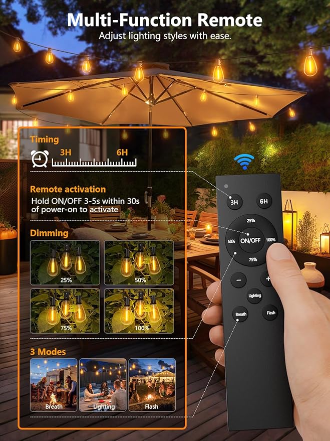 luckystyle 50FT LED Outdoor String Lights with Remote,16+ 1 Shatterproof Bulbs Waterproof and Dimmable Patio Lights for Porch, Garden, Backyard, Deck, Balcony, 2700K, Hanging Lighting