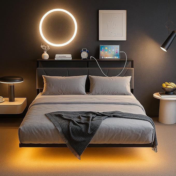 HOJINLINERO Floating Queen Bed Frame with Headboard&Storage Shelf,Ergonomic Queen Size Bed Frame with USB Charging& LED Lights,Platform Bed Frame Noise-Free Metal Slats | Modern Bedroom Design