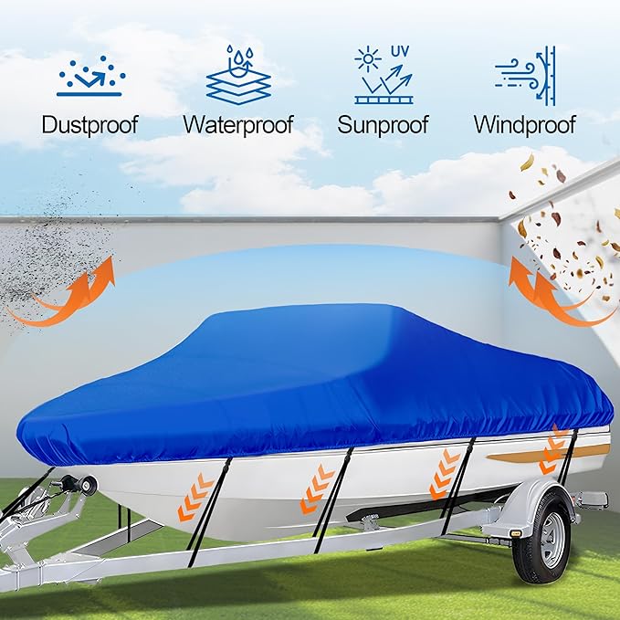 iCOVER Trailerable Boat Cover- 14'-16' Heavy Duty Waterproof Tarp Covers, Fits V-Hull, Fish&Ski, Pro-Style, Fishing, Runabout, Bass Boats, up to 14ft-16ft Long and 68" Wide