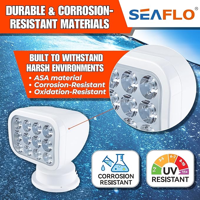 SEAFLO 360° Rotating Remote Control LED Searchlight, 10-30V, Auto-Reset, IP66 Waterproof, Marine Spotlight for Boats, Truck, Vehicles, CE & Rohs Certified (Wireless Remote/White/White Light 5500K)