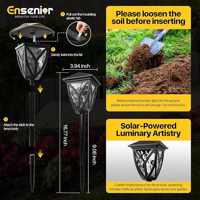 Ensenior 12-Pack Solar Lights Outdoor, 16.77" 3000K LED Solar Garden Lights for Pathway, Yard, Patio, Walkway, Planter, Waterproof, Energy-Efficient Landscape Lighting