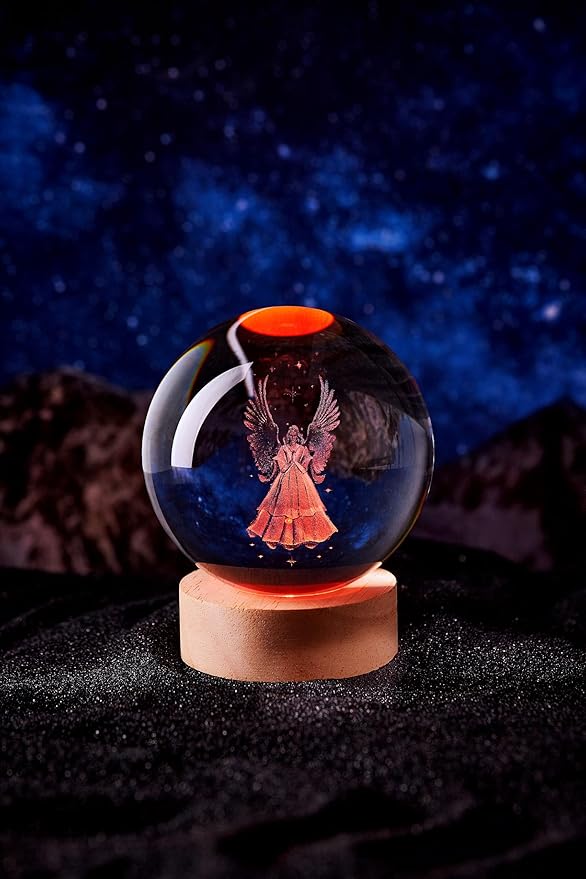 Large Angel Crystal Ball Night Light with Woodern Base, 3D Crystal Lamp 16 Color Changing with Remote Control, Laser Engraved Glass Ball Lamp, Room Decor (Angel)