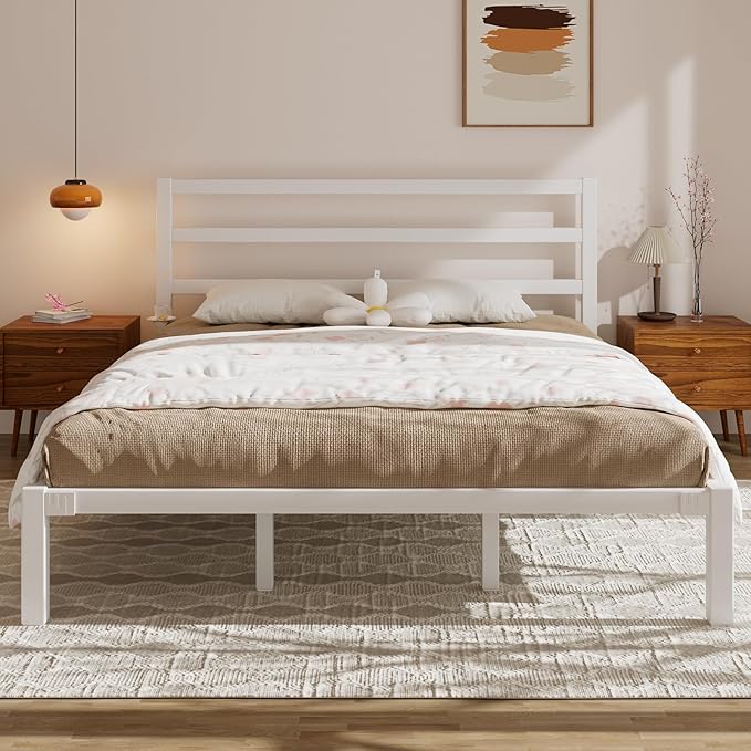 King Size Bed Frame, Metal Platform Bed Frame with Headboard and Footboard, Underbed Storage Space, No Box Spring Needed, Easy Assembly, Modern, White