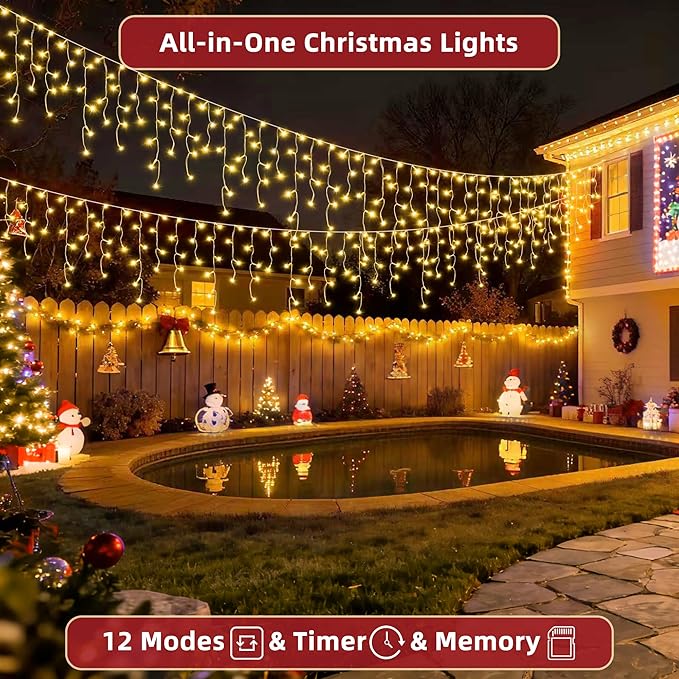810 LED Christmas Lights Outdoor 82FT with 180 Drops, Christmas Decorations Hanging Lights 12 Modes, Dimmable Outsite Fairy String Lights for Wedding Party Holiday Winter Wonderland Decor Warm White