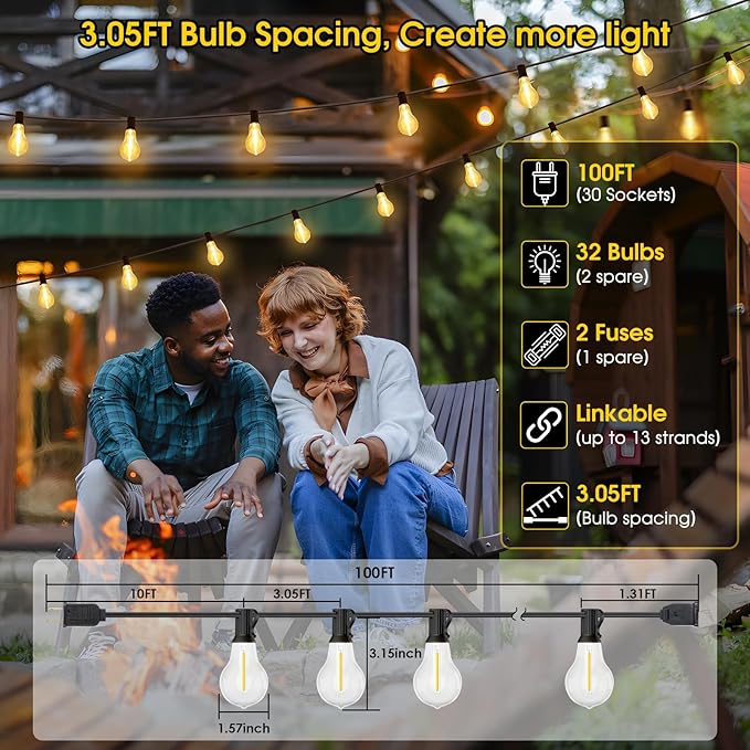 100FT LED Outdoor String Lights, Waterproof Patio Lights with 32 Shatterproof Dimmable 2700K A39 Bulbs Hanging Lighting for Outside Backyard