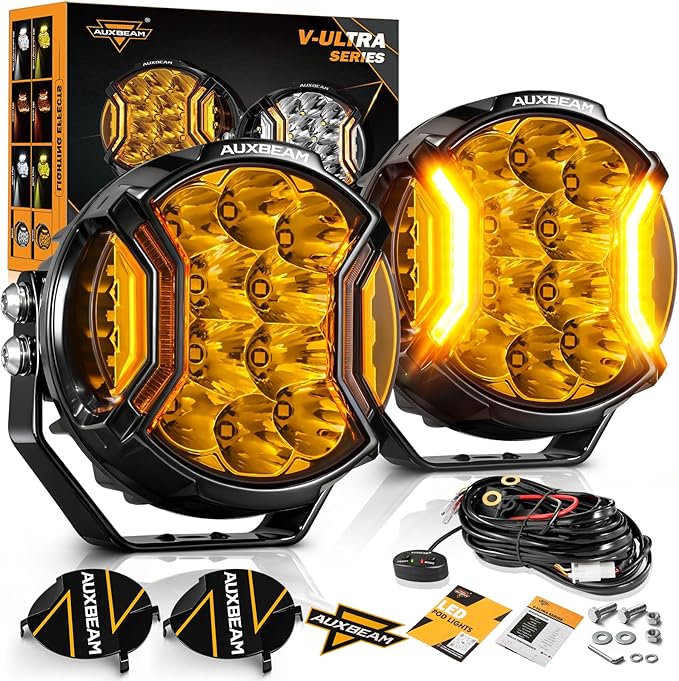 Auxbeam V-Ultra Series LED Round Light Pods, 5 Inch 172W Offroad Driving Side Shooter Light with Amber DRL, 270° Wide Range 20400LM Yellow/Amber Hyper Spot Beam Ditch Lights with Black Cover