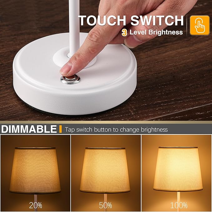 Rechargeable LED Cordless Table Lamp, 5200mAh Battery Operated, 3 Level Brightness, Portable Night Bedside Lamp, Ambient Desk Light for Home Decor, Patio, Restaurant, Dinningt (White)