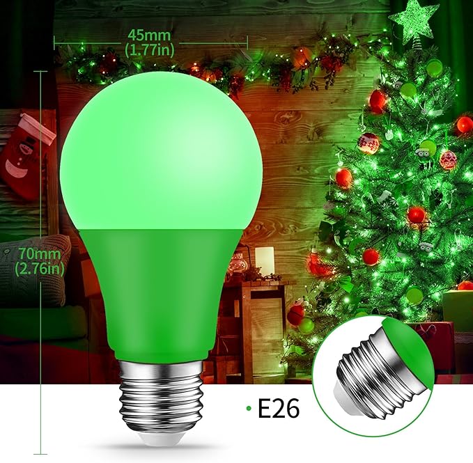 Red Green Light Bulbs - [ 4 Pack ]- 9W（60W Equivalent） E26 Base LED Colored Light Bulb for Festivals Party Christmas Bar Events Home Decor (2 Red & 2 Green)