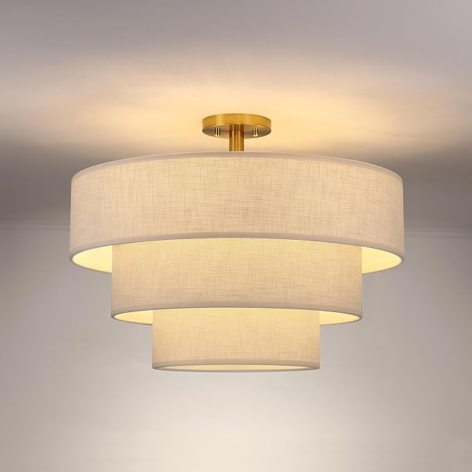Doraimi Lighting 3 Tier Linen Drum Fabric Semi Flush Mount Light Modern Farmhouse Decor 7 Light 24 Inch Retro Gold Finish for Kitchen Living Room Dining Room Corridor Hallway