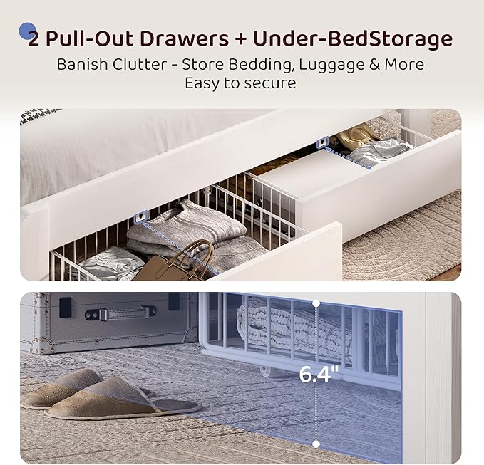 King Size Bed Frame with 2 Storage Drawers, Wood Platform Bed Frame with 2-Tier Storage Headboard Built in Charging Station & LED Light,Noise-Free/Metal Support/No Box Spring Needed,White