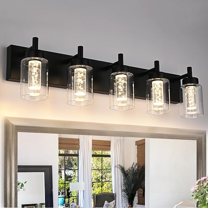 VINLUZ 5-Light LED Bathroom Vanity Light Fixtures, Metal Black Finish Bathroom Lighting Over Mirror Interior Wall Lighting Fixtures with Crystal Bulb Clear Glass Shade(LED Bulbs Included)