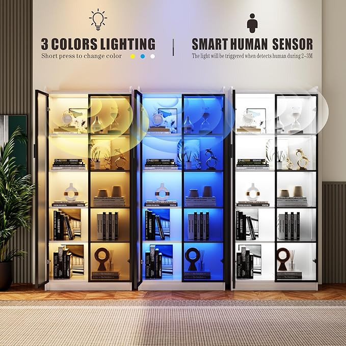 Display Cabinet with Doors and Adjustable Shelves, 65" Tall Bookcase with LED Lights/Human Sensor, 5 Tier Display Case for Collectibles Bedroom Living Room Office, White