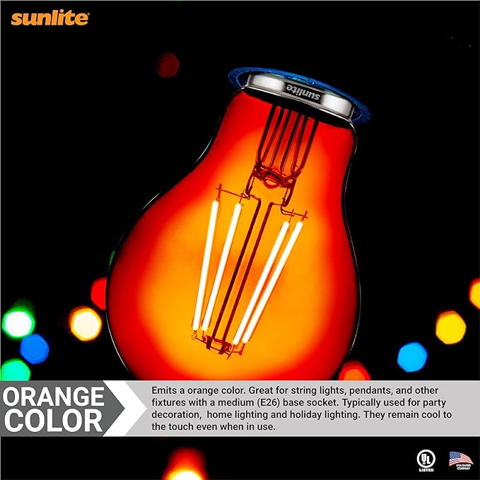 Sunlite 40944 LED Colored Filament A19 Light Bulb, 4.5 Watts, Medium E26 Base, 120 Volts, Transparent Orange, Dimmable, 320 Degree Beam Angle, UL Listed, 6 Count