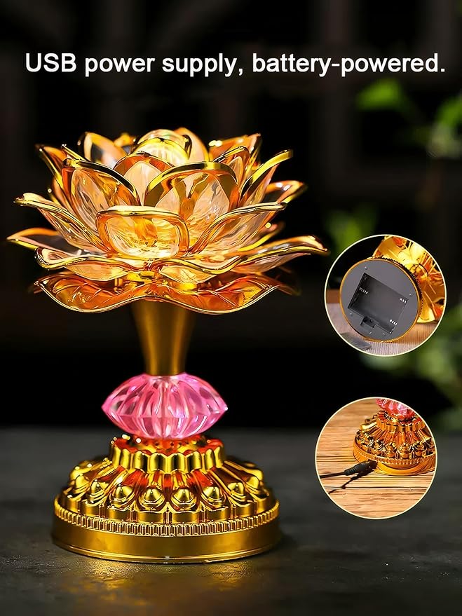Colorful LED Lotus Buddhist Lamp, Built 13 Buddhist Songs, Gradient Buddha Light for Worship, Prayer and Display, Low Power Consumption, Eco, Buddhist Supplies - Gold