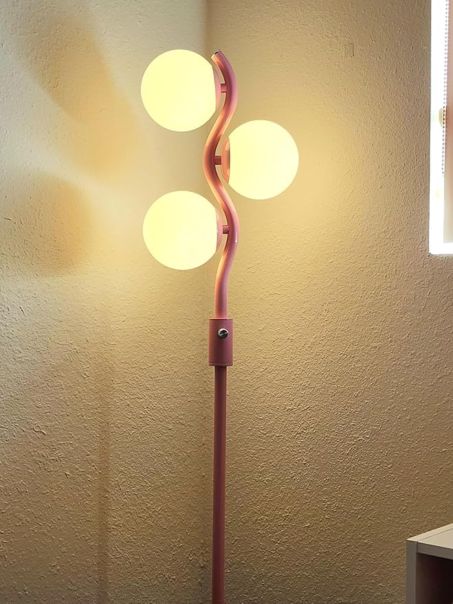 60IN Dimmable (Brightness Adjustable) Pink Floor Lamp, Modern Standing Lamps with 3 Globe Soft Warm White 3000K Bulbs, Mid Century Floor Lamp for Living Room Bedroom Home Decor