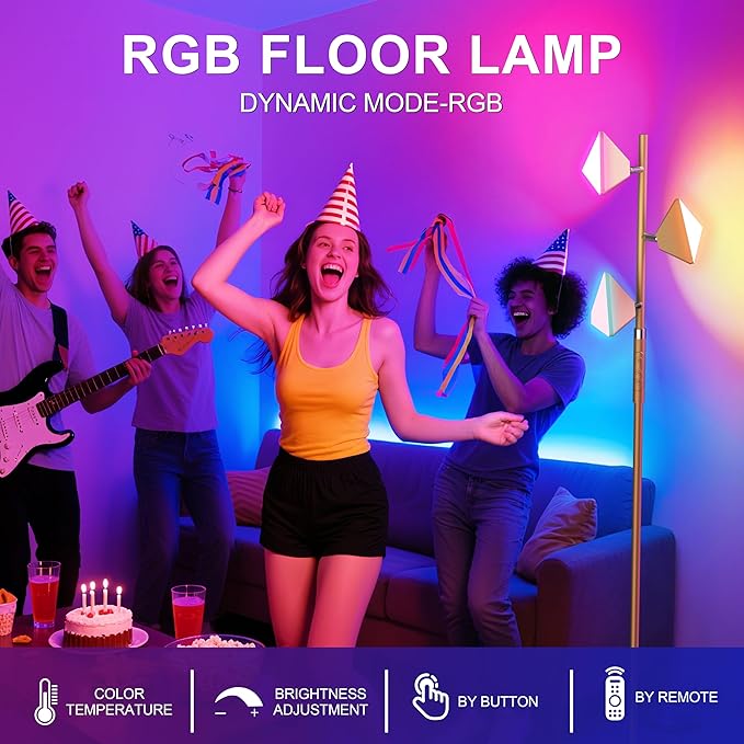 PARTPHONER RGB Tree Floor Lamp for Living Room, Stepless Dimmable Tall Standing Lamp with Remote, Touch Control and 3 Rotatable Light, Bright LED Lights for Bedroom with 4 Color-Changing, Gold