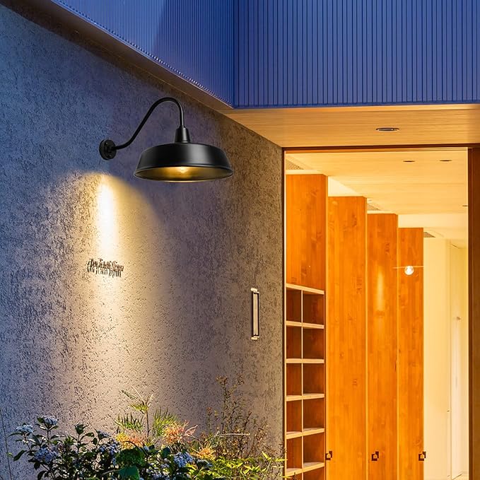 21 inch Barn Lights Outdoor Gooseneck Lighting, Dusk to Dawn Black Exterior Barn Lights, Farmhouse Wall Lighting Fixtures with Sensor for Porch Garage (2, 21" Diameter)