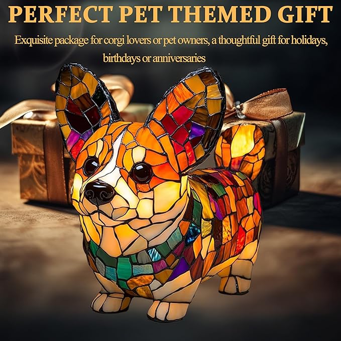 Corgi Lamp & Dog Breed Night Lights - Stained Resin Tabletop Lamp with Warm Ambient Glow, Vintage Animal Decor for Bedroom/Office, Golden Retriever