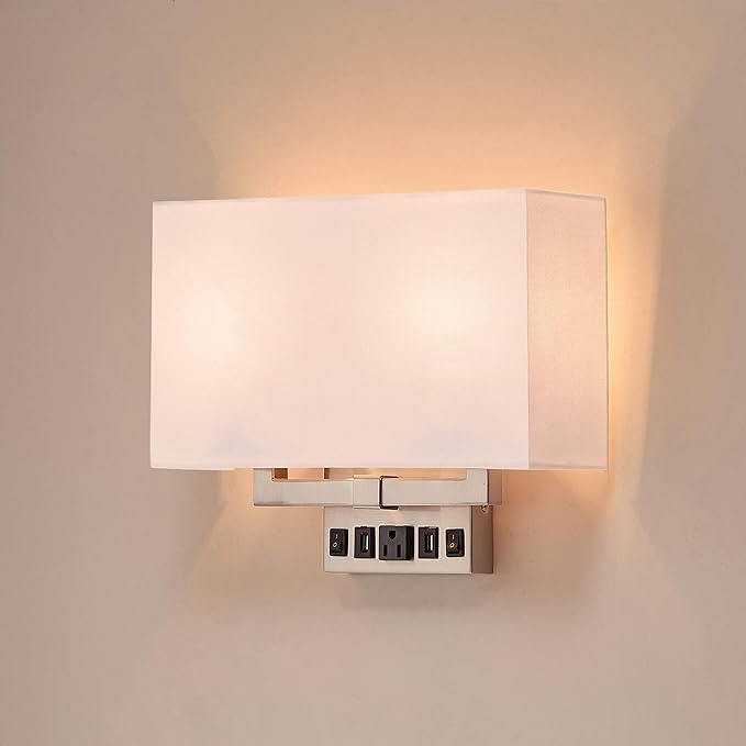LEDMyplace 2-Light LED Wall Sconce Fixture, Sconces for Living Room with USB Ports and Outlet, Brass Sconces, E26 Base, Brushed Nickel Finish, White Fabric Shade, Decorative Wall Lighting