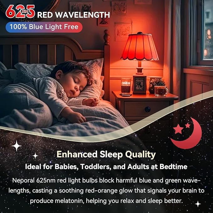 Neporal 625nm Red Light Bulb for Sleep, 100% Blue Light Blocking Bulb for Melatonin Promoting, A19 LED 9W 60W Equivalent Dim Red Night Bulb for Baby Nursery, Sleeping, Reading, Bedroom 1-Pack