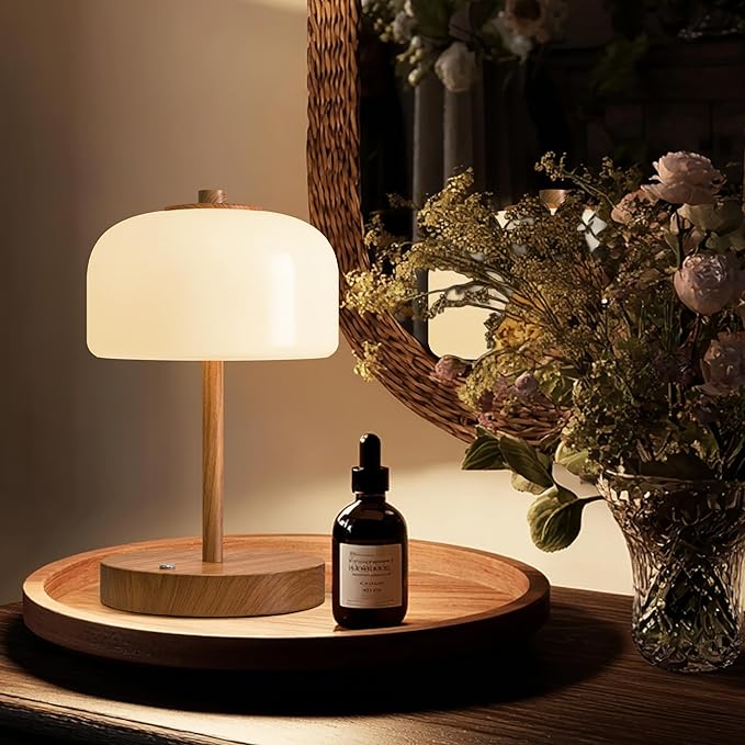 Oneach 9" Cordless Table Lamps Set of 2, Wood Grain Rechargeable Battery Operated Lamp, 3-Way Stepless Dimming Touch Lamps, Small Glass Bedside Nightstand Light for Bedroom Living Room Shelf Decor