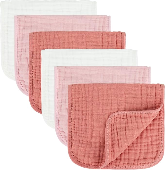 Baby Burp Cloth 100% Cotton Newborn Cotton Muslin Burp Cloth 10x20 inches (White & Pink 6 Pieces)