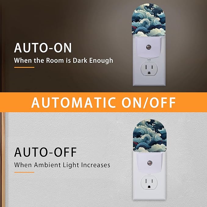 Japanese Style Waves Night Light,Blue Night Lights Plug into Wall with Dusk to Dawn Sensor,Lamp for Bedroom Bathroom Hallway Nightlight for Women Girls
