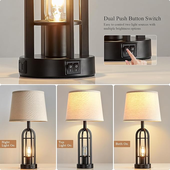 Black Table Lamps for Living Room Set of 2 - Farmhouse Lamps for Night Stands with USB A+C, Bedside Lamps for Bedroom, 24'' Industrial Lamp for Living Room End Tables