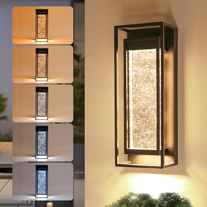 LUTEC Outdoor Wall Light Fixtures, 5 Color Temperature Porch Light Wall Sconce with Crystal Bubble Glass,Waterproof Outdoor Wall Lanterns, Modern Outside Lights for House Front Door Garage, Black