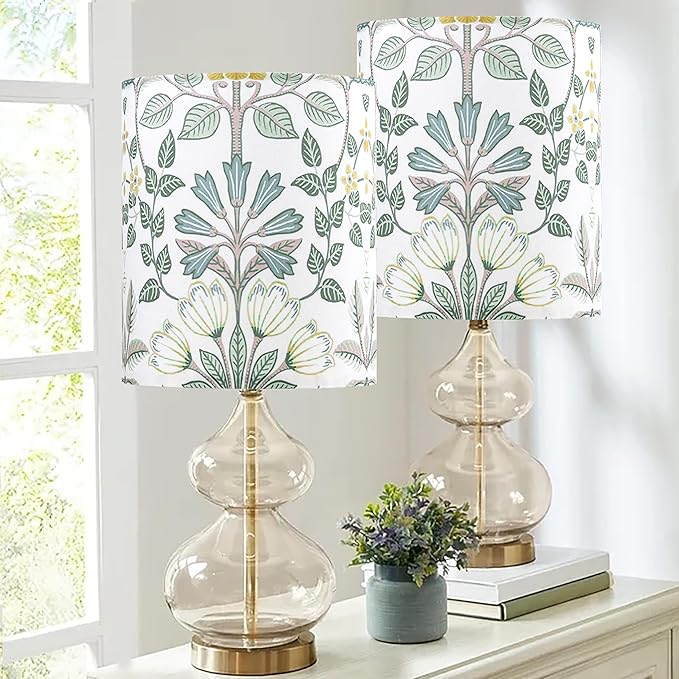 GOSO Set of 2 Small Tall Lampshade, 10" Top X 10" Bottom X 10" High, Lamp Shades for Table Lamps Floor Lamp, Polyester Fiber Printing Flowers Drum Lamp Shade, Hand Crafted Lampshades, Easy Assembly