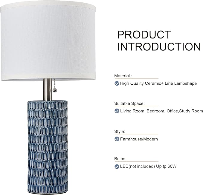 Table Lamps for Living Room Set of 2, Ceramic Table Lamps for Bedroom, 20" Modern Lamps for Night Stands, Grey