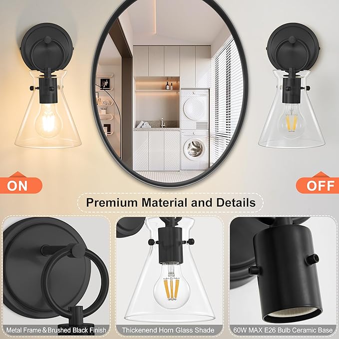 Wall Sconces Set of 2 Modern Vanity Light Fixtures for Bathroom Black Wall Mount Lighting Lamp Hardwired Farmhouse Wall Lights with 6 Inch Clear Glass Shade for Bedroom Living Room Mirror