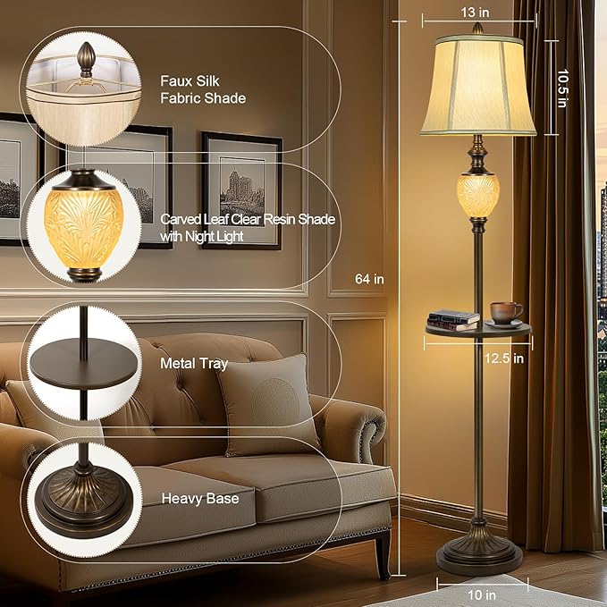 64" Vintage Floor Lamp for Living Room with Tray and Nightlight Farmhouse Tall Standing Lamp with Beige Faux Silk Shade Rustic Reading Lamp Decor for Bedroom Home Office Hotel Bar (Bulb Included)