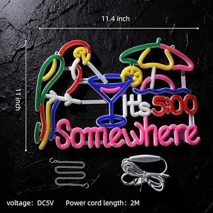 Its 5 00 O'clock Some Where Neon Sign, USB Powered, 11.4"×11" Dimmable Metal LED Neon Lights, Wall Decor for Bedroom, Party Pub, Kids' Room, Home Decoration, Man Cave, Gaming Room