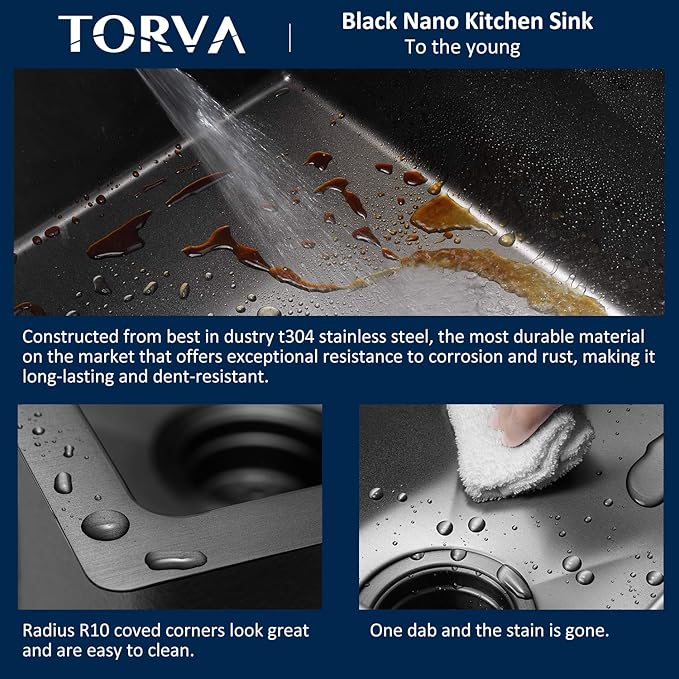 TORVA 32 x 19 Inch Gloss Black Ceramic Coating with NanoTek Undermount Kitchen Sink,PVD Coated Gunmetal Sink, 16 Gauge Stainless Steel Wet Bar or Prep Sinks Single Bowl, Dark Gray
