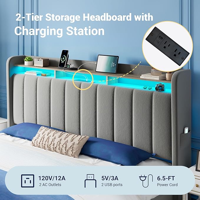 Allewie Velvet Vertical Tufted King Size Upholstered Platform Bed Frame with 2-Tier LED Storage Headboard & 2 Storage Drawers, USB & Type-C Charging Ports, Noise-Free/No Box Spring Needed, Grey