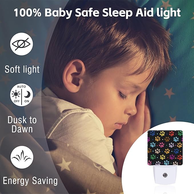 Colorful Paw Prints Night Light Plug into Wall, Animal Footprints Dusk to Dawn Night Light Plug in,0.5w Energy Saving Sleep Friendly NightLight for Kids Boys Girls Home Decor