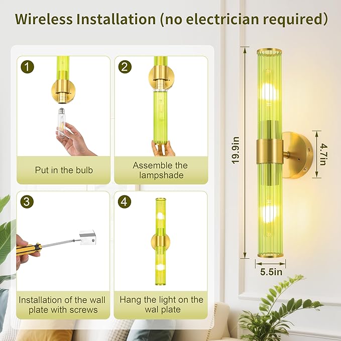 Gold Battery Operated Wall Sconces Set of 2, Rechargeable Wall Lights with Remote Control, 20 Inch Modern Wireless Wall Lamp for Bedroom, Living Room with Green Shade (Bulbs Included)