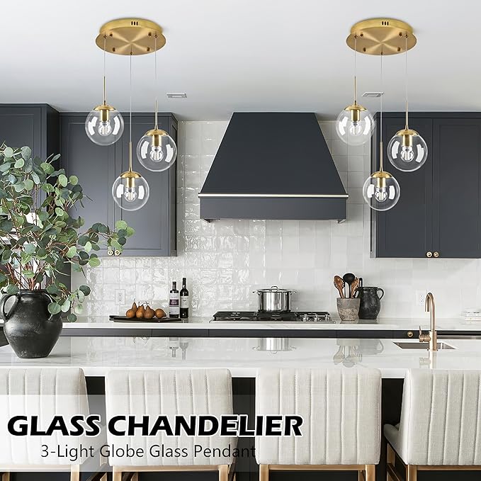 KoKo&Yukina 3-Light Globe Glass Pendant Light Modern Gold Clear Globe Glass Chandelier Adjustable Length Pendant Lights Fixtures High Ceiling Light for Kitchen Island Foyer (Bulb & Remote Incl.)