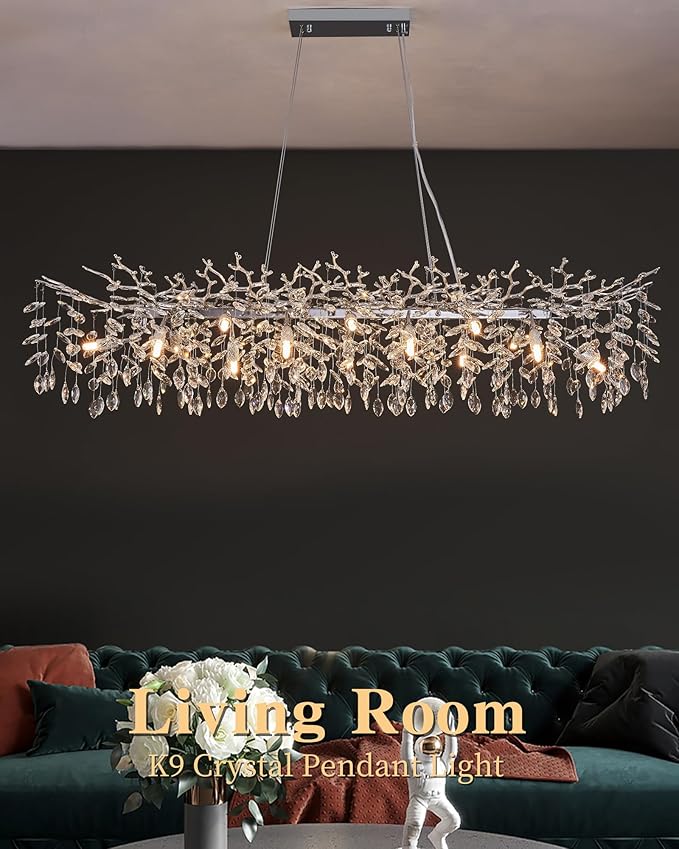 Modern Tree Branch Chandelier, 16 Lights Rectangular 59" Crystal Silver Chandeliers Height Adjustable for Kitchen Island Dining Room Living Room