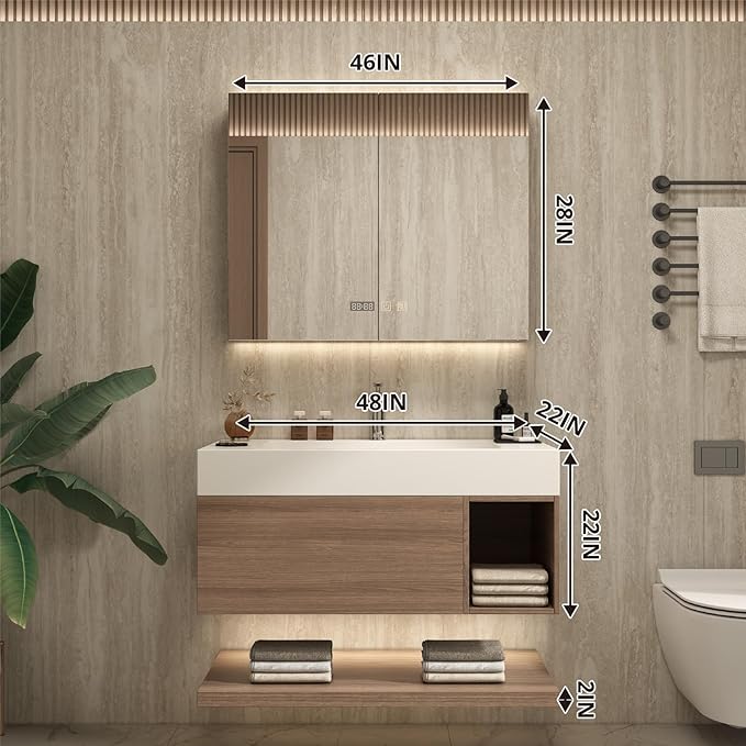 48" Modern Floating Bathroom Vanity Set with Sink, LED Smart Mirror Cabinet, Soft-Close Drawer and Open Storage Shelves, Light Walnut