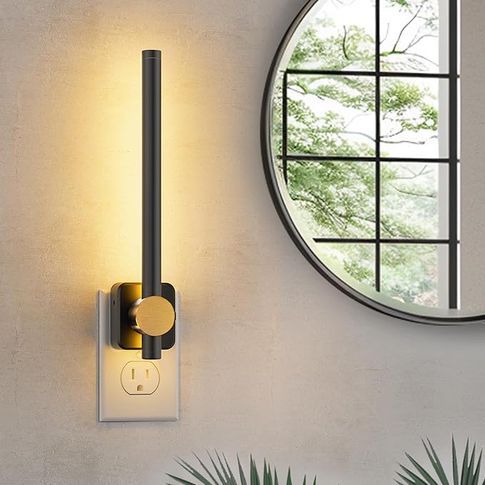 L LOHAS LED Night Light, Night Lights Plug into Wall, Dimmable Night Light 0-200LM, Nightlight Black and Gold Vanity Light Bar for Bathroom Bedroom, Soft White 3000K, Dusk to Dawn Sensor, 1Pack